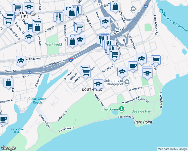 map of restaurants, bars, coffee shops, grocery stores, and more near 180 Walnut Street in Bridgeport