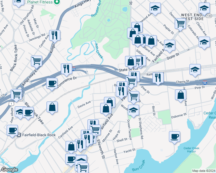 map of restaurants, bars, coffee shops, grocery stores, and more near 33 Wakeman Street in Bridgeport