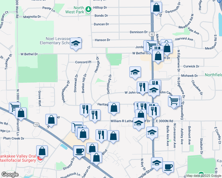 map of restaurants, bars, coffee shops, grocery stores, and more near 733 Gettysburg Drive in Bourbonnais