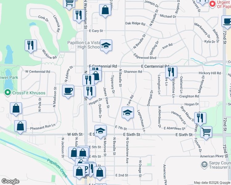 map of restaurants, bars, coffee shops, grocery stores, and more near 803 Tipperary Drive in Papillion