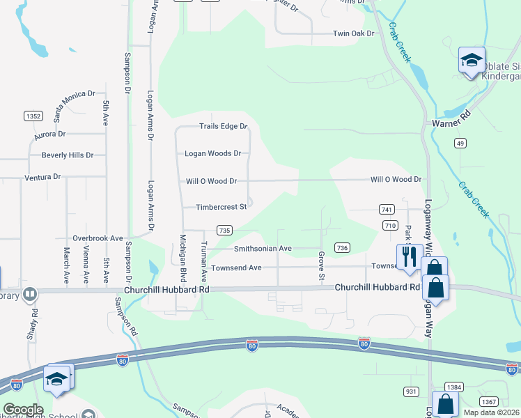 map of restaurants, bars, coffee shops, grocery stores, and more near 1250 Timbercrest Street in Youngstown