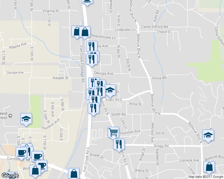 map of restaurants, bars, coffee shops, grocery stores, and more near 2010 Fairview Street in Bellevue