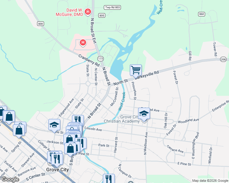 map of restaurants, bars, coffee shops, grocery stores, and more near 461 Mc Connell Street in Grove City