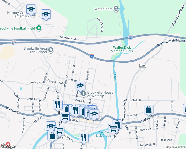 map of restaurants, bars, coffee shops, grocery stores, and more near 412 North Pickering Street in Brookville