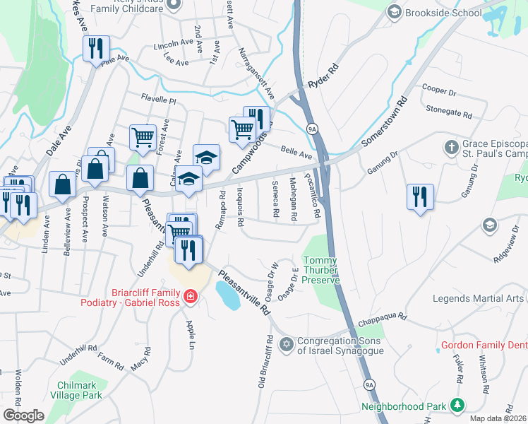 map of restaurants, bars, coffee shops, grocery stores, and more near 21 Mohawk Road in Ossining