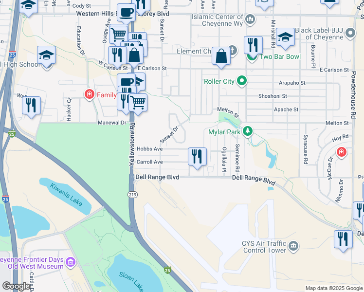 map of restaurants, bars, coffee shops, grocery stores, and more near 5237 Fishing Bridge in Cheyenne