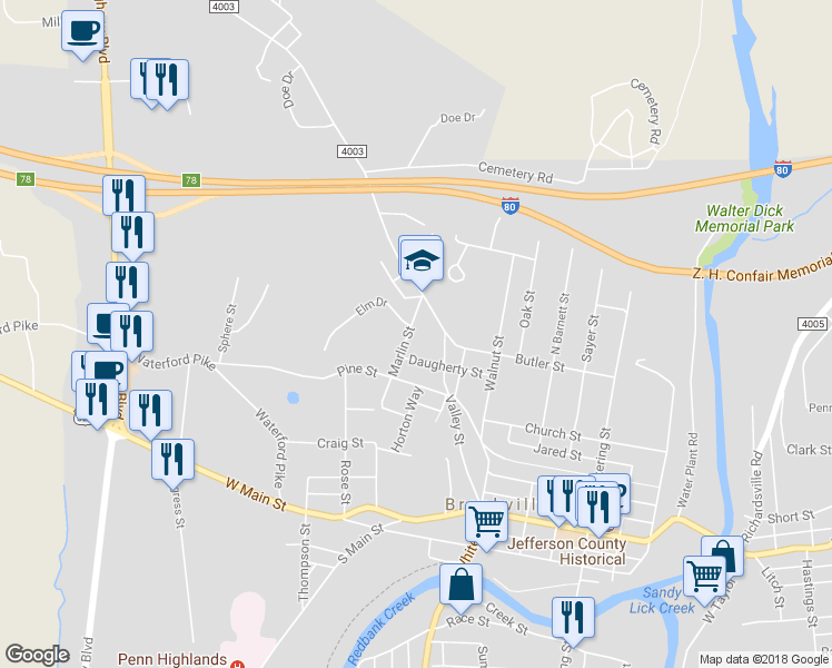 map of restaurants, bars, coffee shops, grocery stores, and more near 54 Marlin Street in Brookville