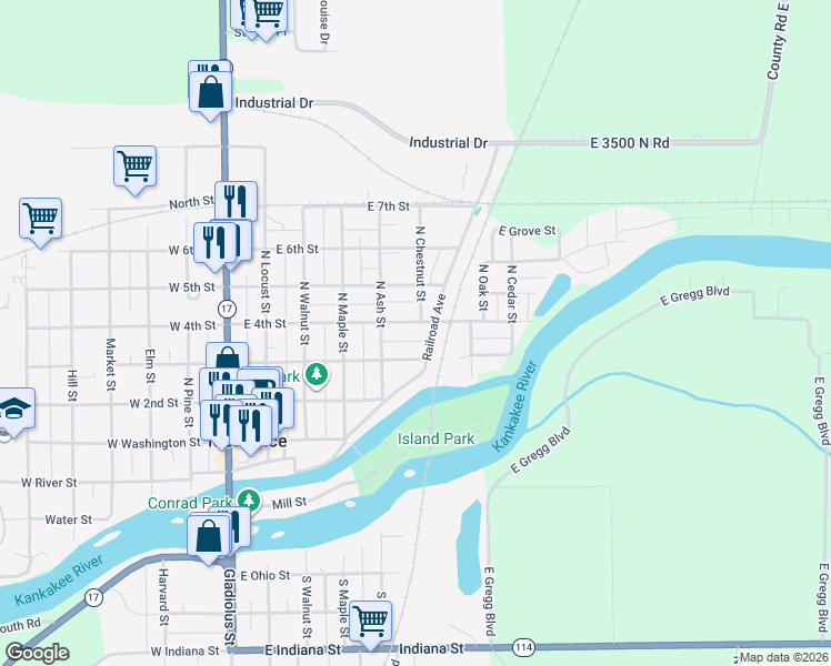 map of restaurants, bars, coffee shops, grocery stores, and more near 529 East 4th Street in Momence