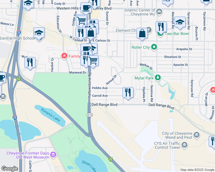 map of restaurants, bars, coffee shops, grocery stores, and more near 5215 Sunset Street in Cheyenne