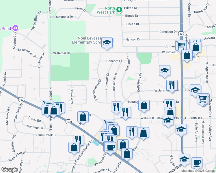 map of restaurants, bars, coffee shops, grocery stores, and more near 750 Stonewall Drive in Bourbonnais