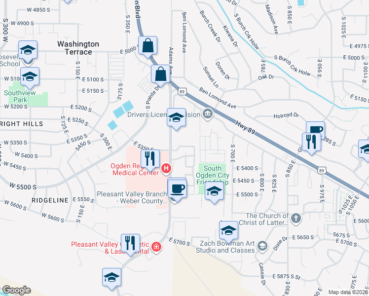 map of restaurants, bars, coffee shops, grocery stores, and more near 561 East 5350 South in Washington Terrace