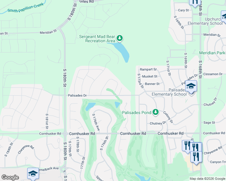 map of restaurants, bars, coffee shops, grocery stores, and more near 17612 Palisades Drive in Omaha
