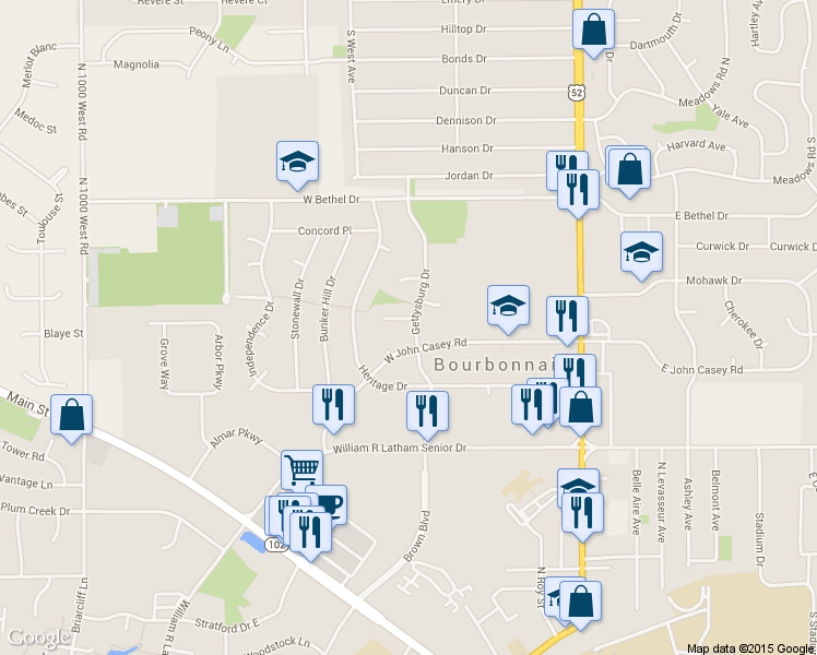map of restaurants, bars, coffee shops, grocery stores, and more near 733 Gettysburg Drive in Bourbonnais