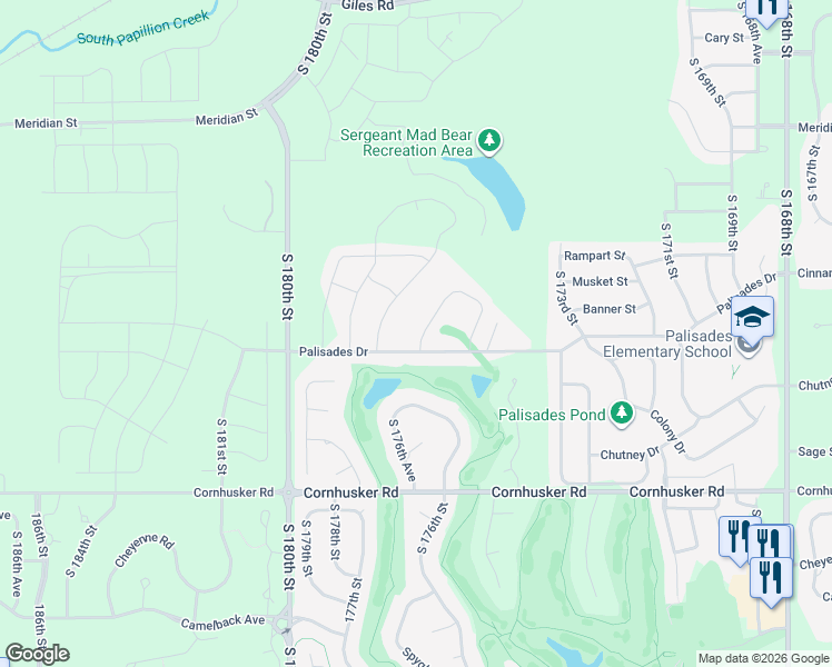 map of restaurants, bars, coffee shops, grocery stores, and more near 9412 South 176th Avenue in Omaha