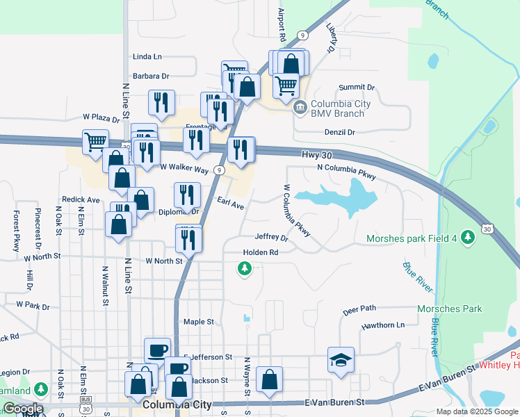 map of restaurants, bars, coffee shops, grocery stores, and more near 405 Eagle Court in Columbia City