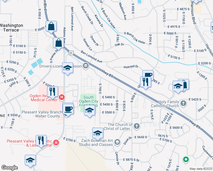 map of restaurants, bars, coffee shops, grocery stores, and more near 5331 South 750 East in Ogden