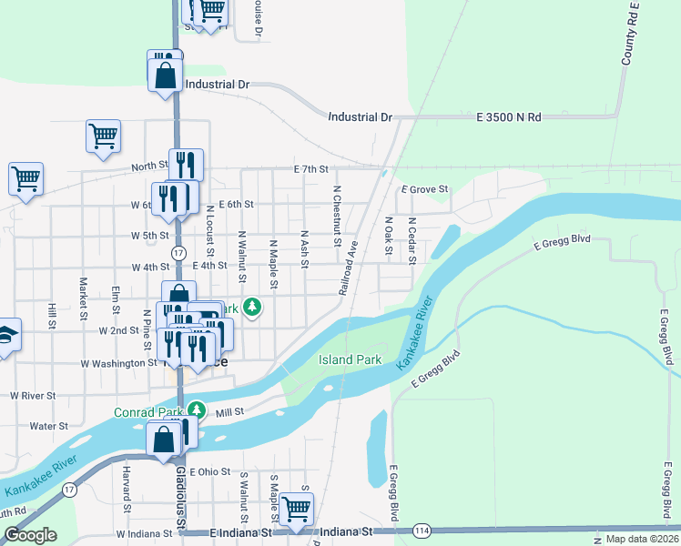 map of restaurants, bars, coffee shops, grocery stores, and more near 529 East 4th Street in Momence