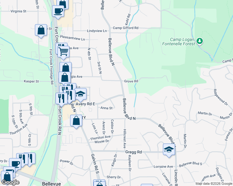 map of restaurants, bars, coffee shops, grocery stores, and more near 1708 Avery Road East in Bellevue
