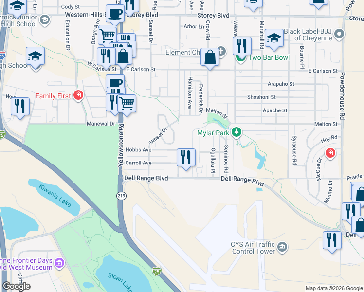 map of restaurants, bars, coffee shops, grocery stores, and more near 300 Hobbs Avenue in Cheyenne