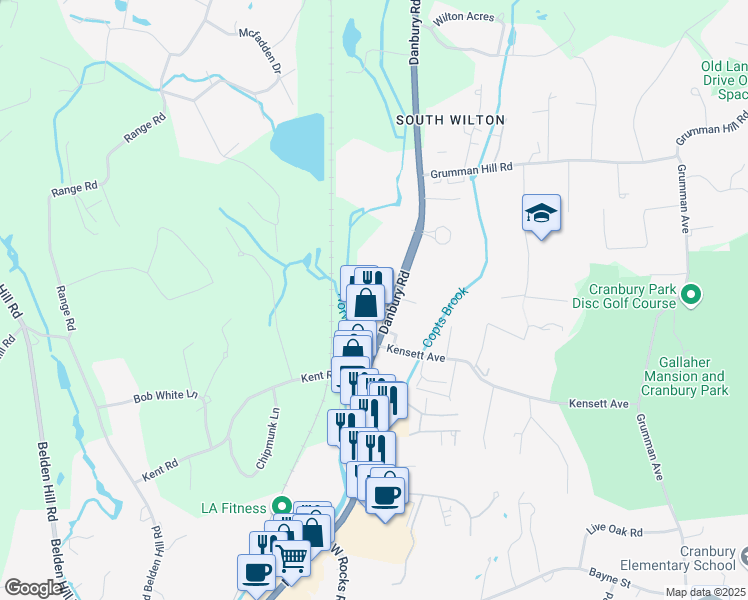 map of restaurants, bars, coffee shops, grocery stores, and more near 43 Danbury Road in Wilton