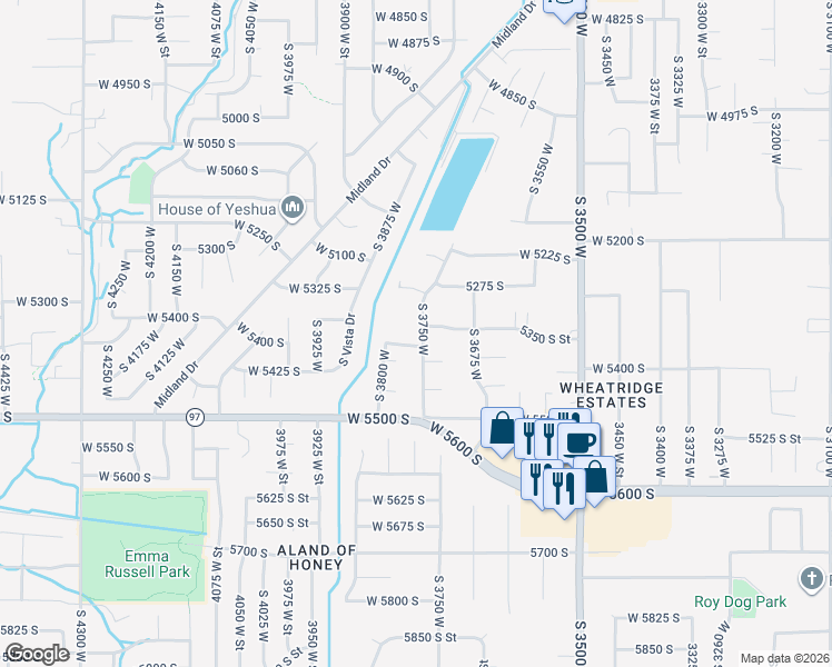 map of restaurants, bars, coffee shops, grocery stores, and more near 5365 South 3750 West in Roy
