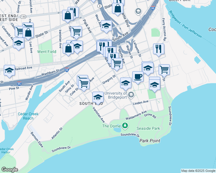 map of restaurants, bars, coffee shops, grocery stores, and more near 552 Atlantic Street in Bridgeport
