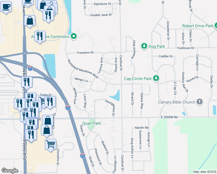 map of restaurants, bars, coffee shops, grocery stores, and more near 1480 Northfield Meadows Turn in Bourbonnais