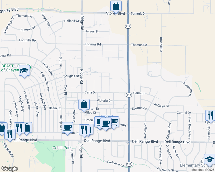 map of restaurants, bars, coffee shops, grocery stores, and more near 5215 Boulder Court in Cheyenne