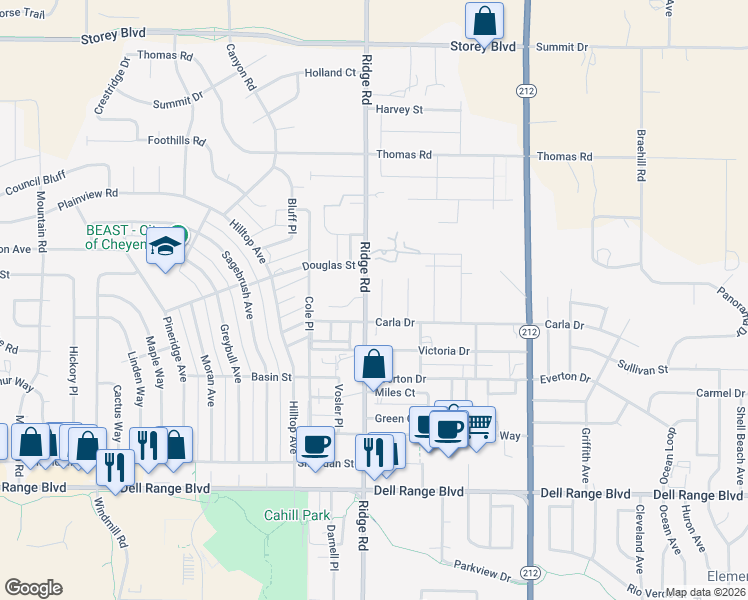 map of restaurants, bars, coffee shops, grocery stores, and more near 5220 Danielle Court in Cheyenne