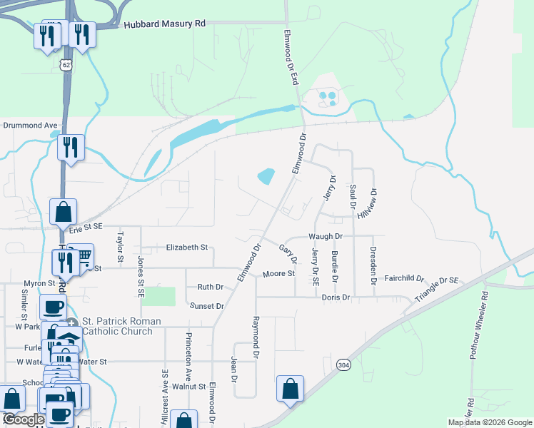 map of restaurants, bars, coffee shops, grocery stores, and more near 843 Elmwood Drive in Hubbard