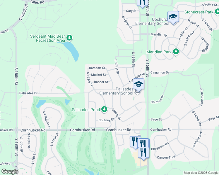 map of restaurants, bars, coffee shops, grocery stores, and more near 17208 Palisades Drive in Omaha