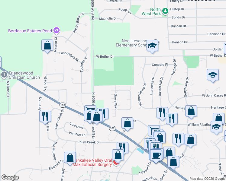 map of restaurants, bars, coffee shops, grocery stores, and more near 723 Grove Way in Bourbonnais