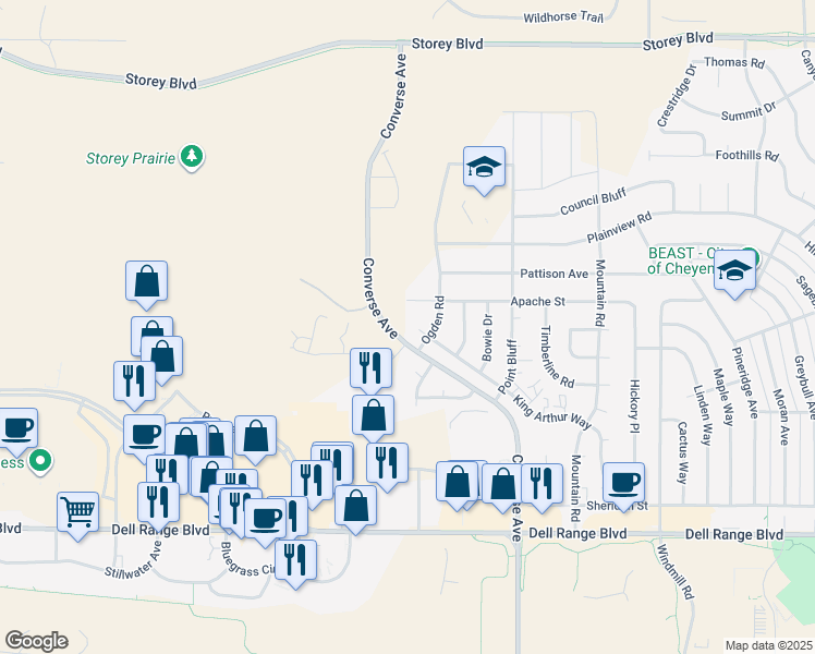 map of restaurants, bars, coffee shops, grocery stores, and more near 5149 King Arthur Way in Cheyenne