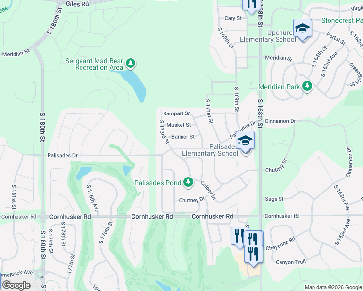 map of restaurants, bars, coffee shops, grocery stores, and more near 17230 Colony Drive in Omaha