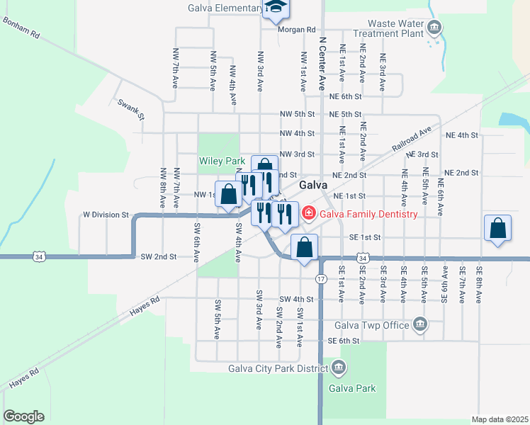 map of restaurants, bars, coffee shops, grocery stores, and more near 334 Front Street in Galva
