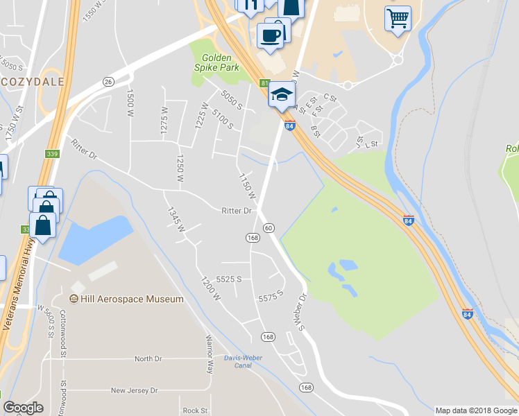 map of restaurants, bars, coffee shops, grocery stores, and more near 5374 1050 West Street in Riverdale