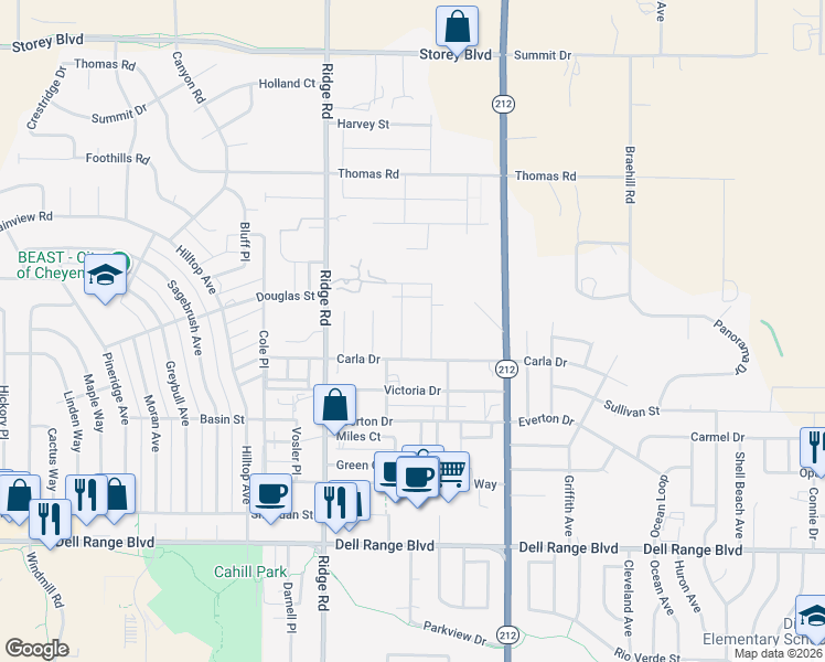 map of restaurants, bars, coffee shops, grocery stores, and more near 5215 Boulder Court in Cheyenne