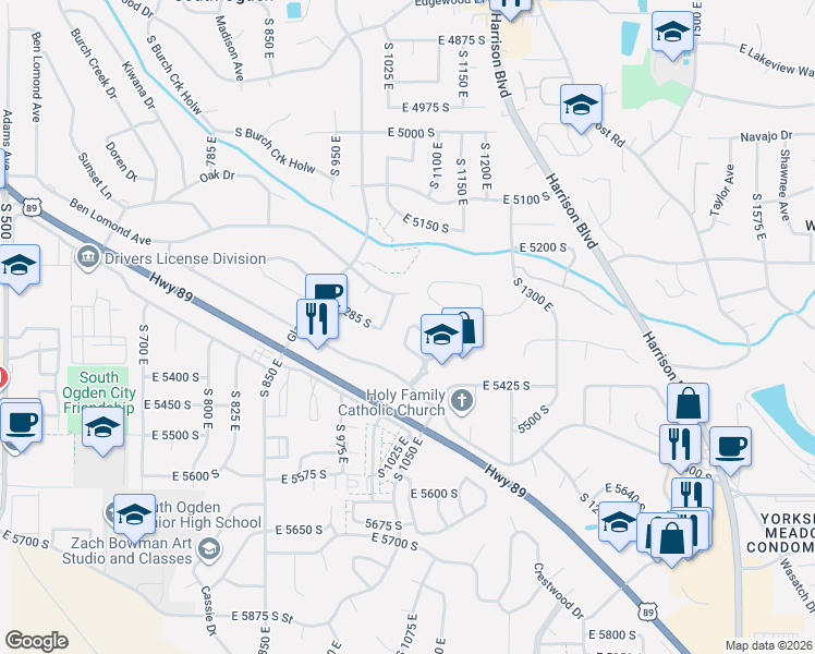 map of restaurants, bars, coffee shops, grocery stores, and more near 1019 Daybreak Drive in Ogden