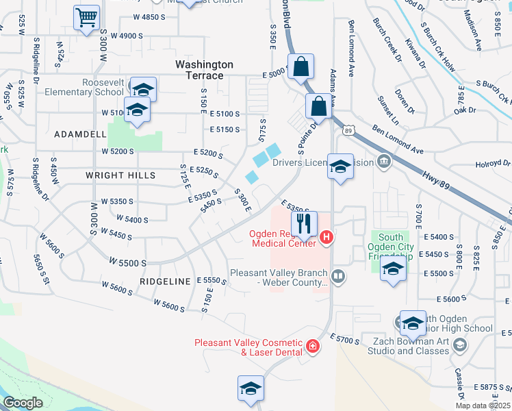 map of restaurants, bars, coffee shops, grocery stores, and more near 5435 South 350 East in Washington Terrace