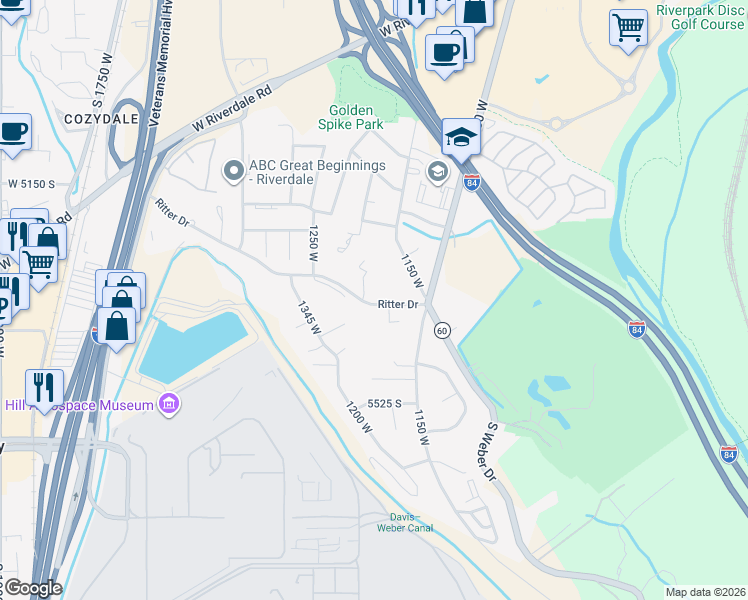 map of restaurants, bars, coffee shops, grocery stores, and more near 1205 Ritter Drive in Riverdale