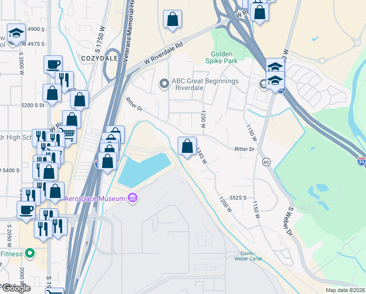 map of restaurants, bars, coffee shops, grocery stores, and more near 1351 Ritter Drive in Ogden
