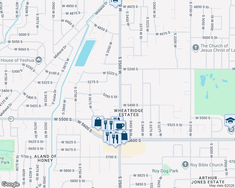 map of restaurants, bars, coffee shops, grocery stores, and more near 5373 South 3500 West in Roy