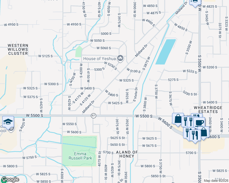 map of restaurants, bars, coffee shops, grocery stores, and more near 5396 4075 West Street in Roy