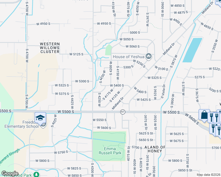 map of restaurants, bars, coffee shops, grocery stores, and more near 5421 South 4175 West in Roy