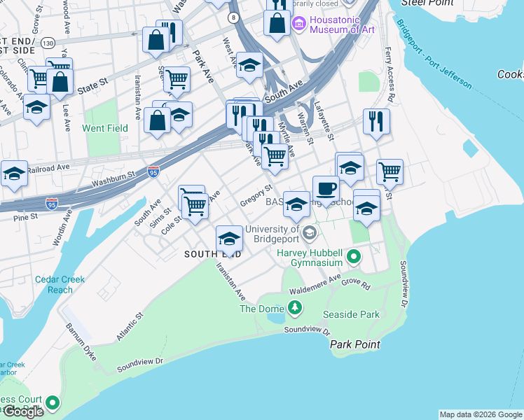 map of restaurants, bars, coffee shops, grocery stores, and more near 552 Atlantic Street in Bridgeport