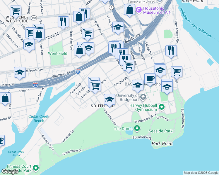 map of restaurants, bars, coffee shops, grocery stores, and more near 495 Gregory Street in Bridgeport