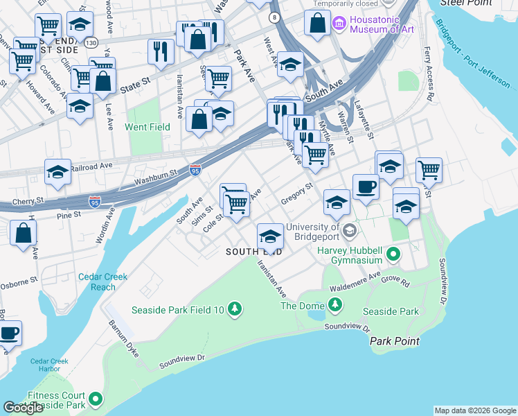map of restaurants, bars, coffee shops, grocery stores, and more near 180 Walnut Street in Bridgeport