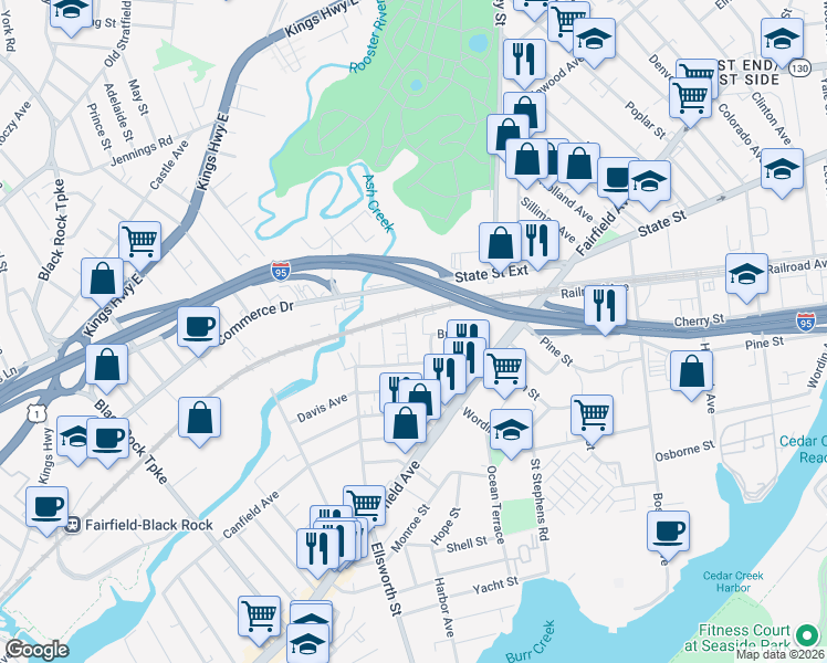 map of restaurants, bars, coffee shops, grocery stores, and more near 33 Wakeman Street in Bridgeport