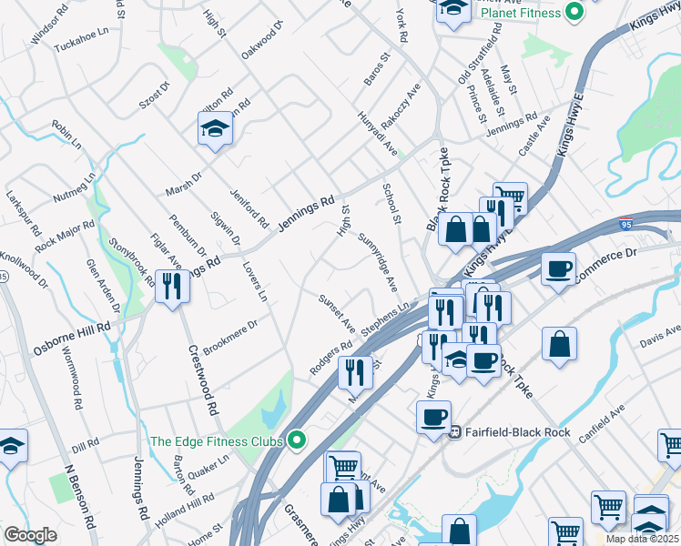 map of restaurants, bars, coffee shops, grocery stores, and more near 24 Raymonds Circle in Fairfield