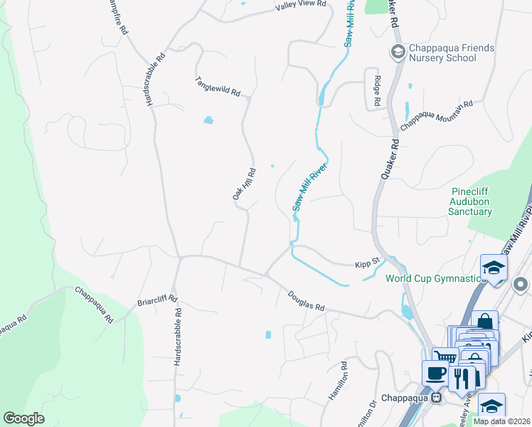 map of restaurants, bars, coffee shops, grocery stores, and more near 18 Pond Hill Road in Chappaqua